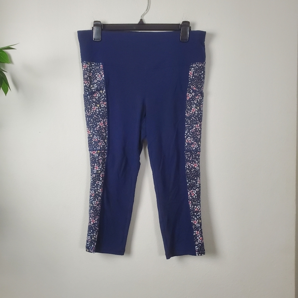 St Johns Bay Navy Blue Floral Ankle Leggings Large Petite